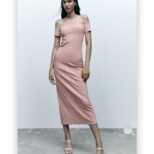 Zara Top Stitched Pale Pink Off The Shoulder Midi Dress US XS BNWT